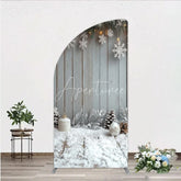 Aperturee - Aperturee Rustic Winter Holiday Half Moon Arch Backdrop Snowy Wood Background with Flocked Pinecones Farmhouse Christmas Decor